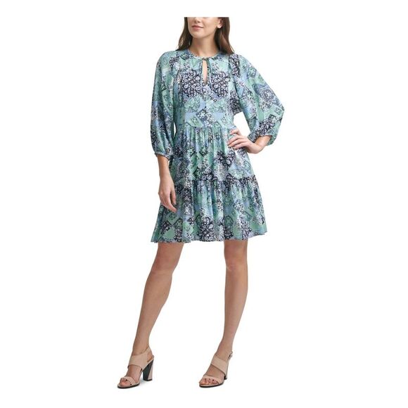 CALVIN KLEIN Dresses & Skirts - CALVIN KLEIN Womens Light Blue Tie Split Neck Skirt 3/4 Sleeve Short Dress 2